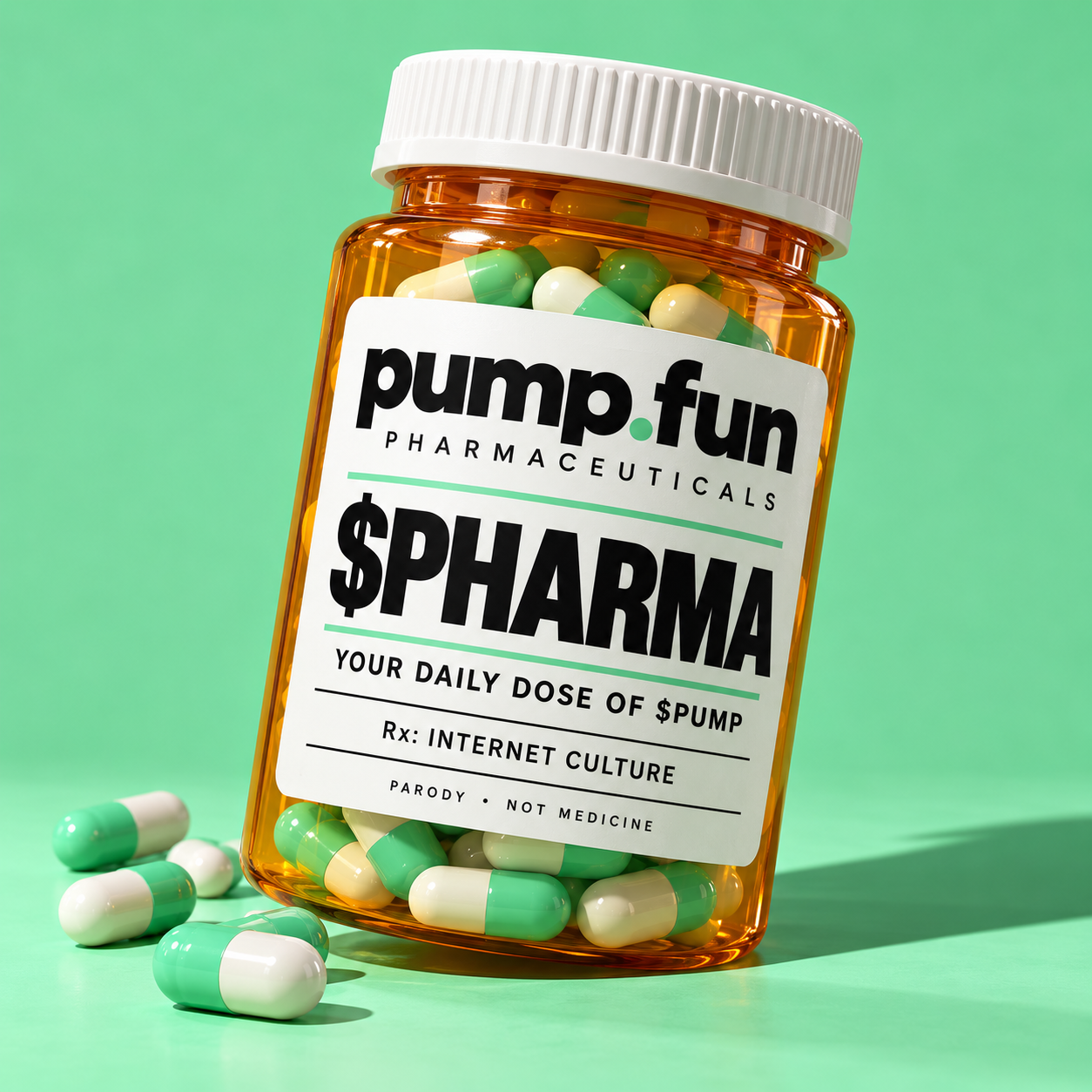 Amber prescription bottle labeled pump.fun Pharmaceuticals, $PHARMA, surrounded by green and white capsules